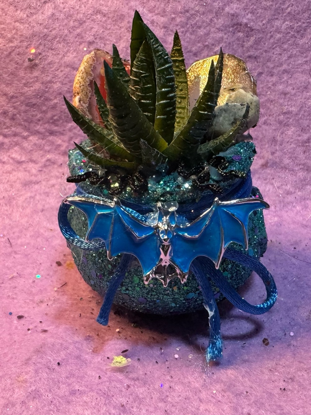 Blue Bat Embellished Glitter Succulent mini cauldron